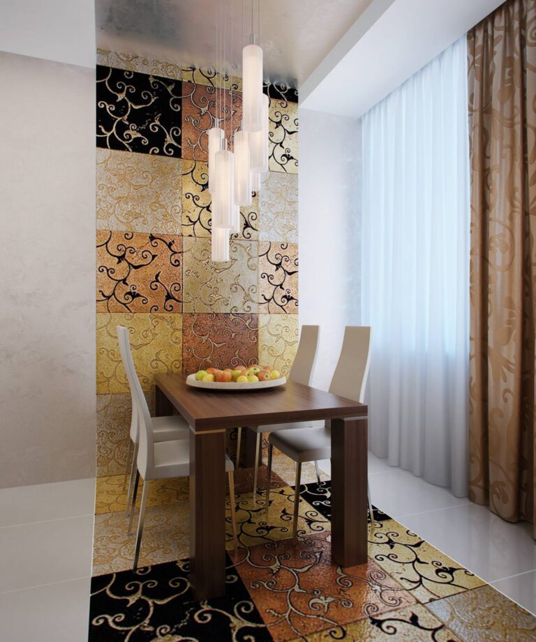Оформление столовой зоны с декоративными панелями в бронзово-песочной гамме
