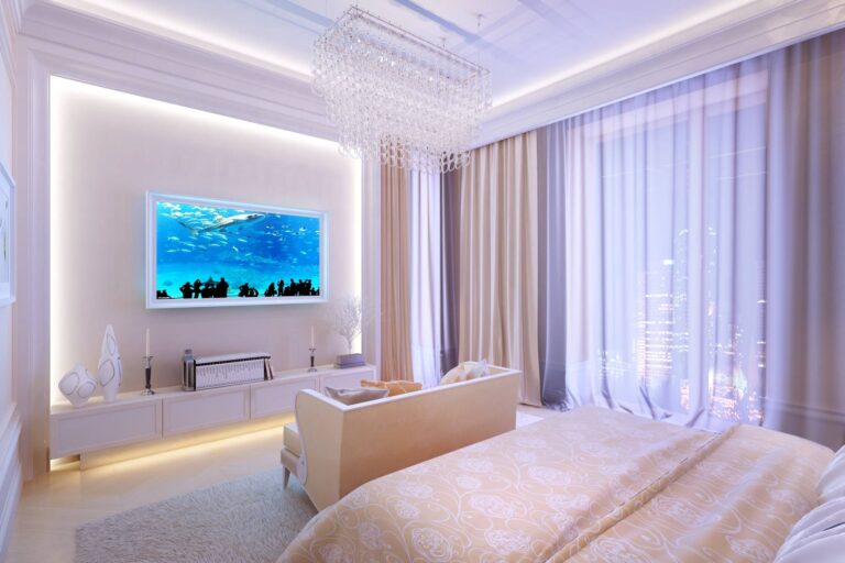 Фото интерьера спальни в бежевых и сиреневых тонах