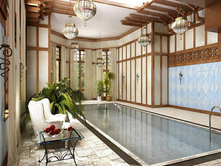 Роскошный дизайн бассейна с голубыми вставками стен