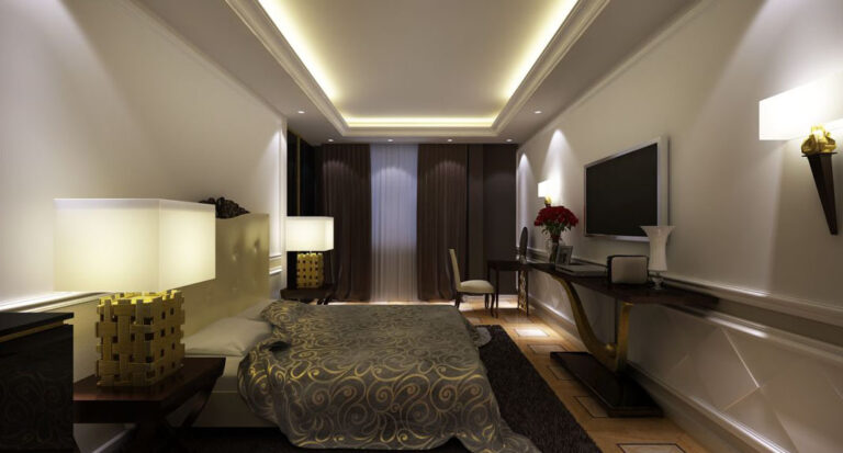 Дизайн стильной спальни с линейной подсветкой и точечными светильниками