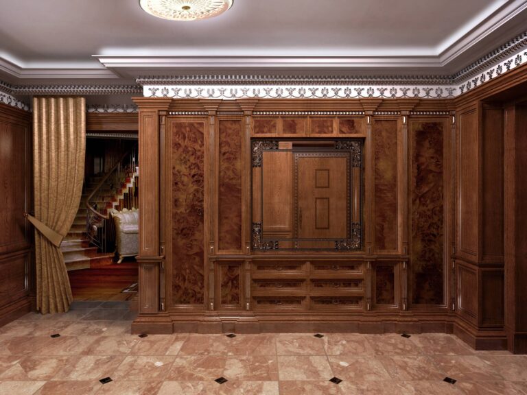 Зеркало на коричневом шкафу в дизайне холла