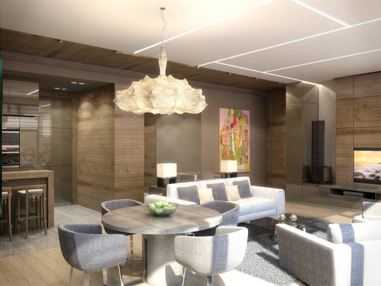 Коричневая гостиная совмещенная со столовой комнатой