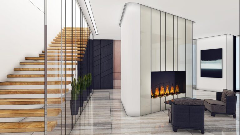 Массивные деревянные ступени орехового оттенка и стеклянное ограждение в эскизе лестницы