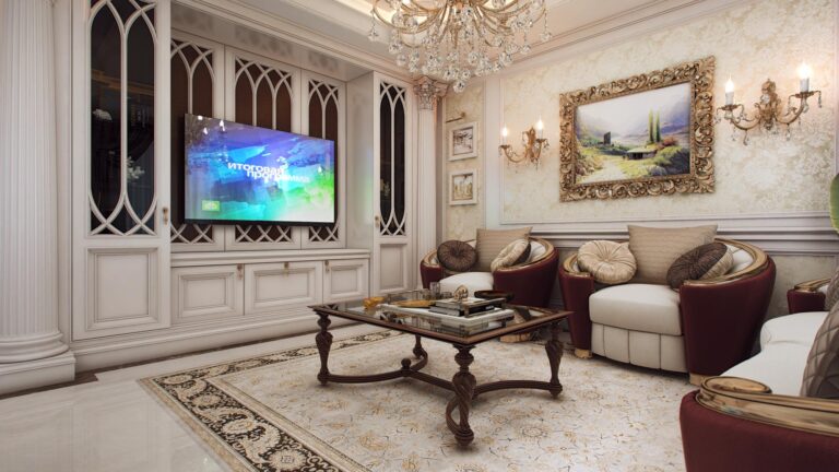 Дизайн гостиной со встроенным шкафом для ТВ с боковыми витринами