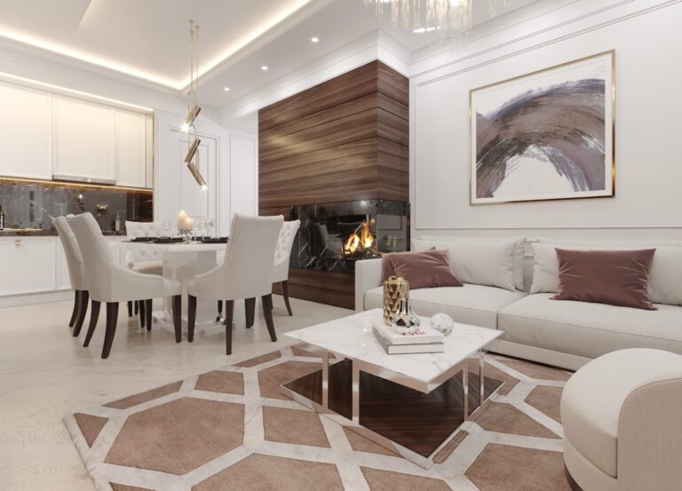Коричневый камин в дизайне белой обеденной зоны