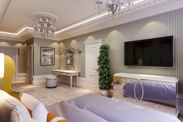 Дизайн спальни в английском стиле с зеркальным комодом