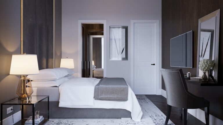 Серо-белая спальня с коричневой стеновой панелью