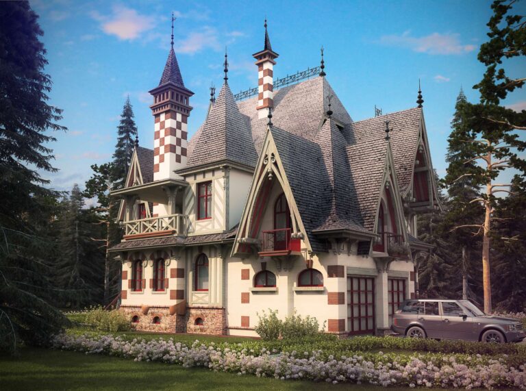 Красный кирпич и светлая отделка в правой фасадной части