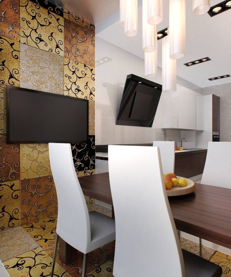 Интерьер кухни в белых тонах с коричневыми акцентами