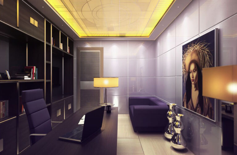 Интерьер кабинета в фиолетовой гамме с желтым потолком с подсветкой