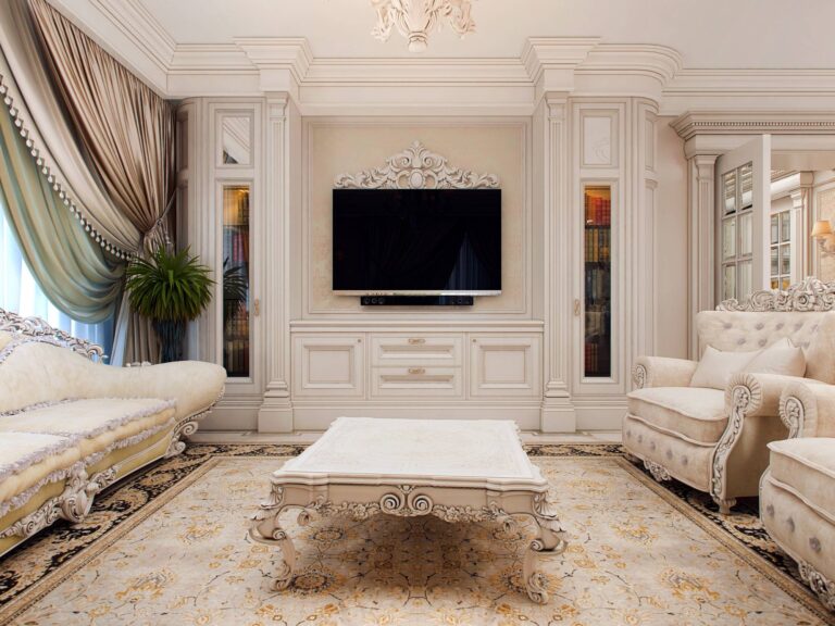 Интерьер гостиной со встроенными боковыми витринами, оборудованными внутренней подсветкой