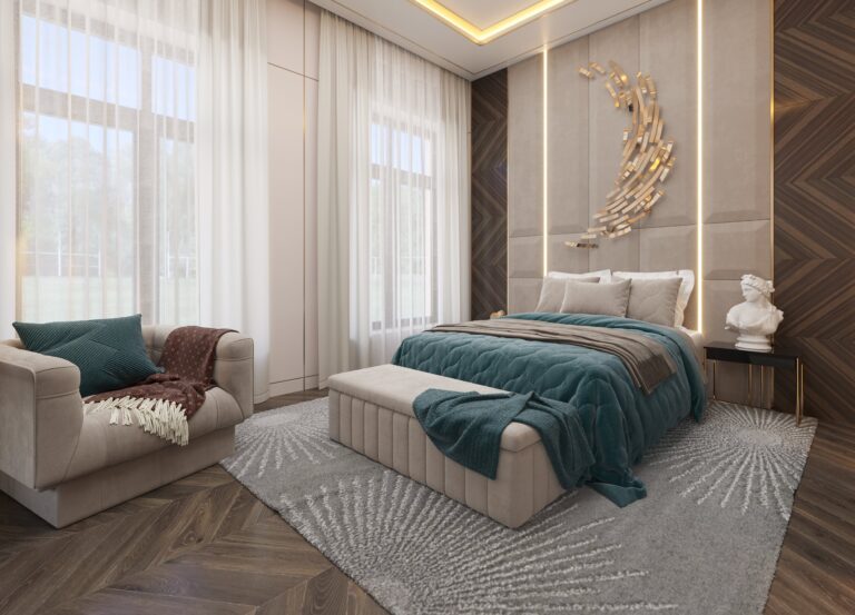 Дизайн спальни с декором стены в виде полумесяца