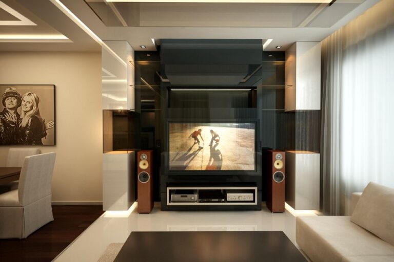 Черный глянцевый шкаф под тв-панель в интерьере бежевой гостиной