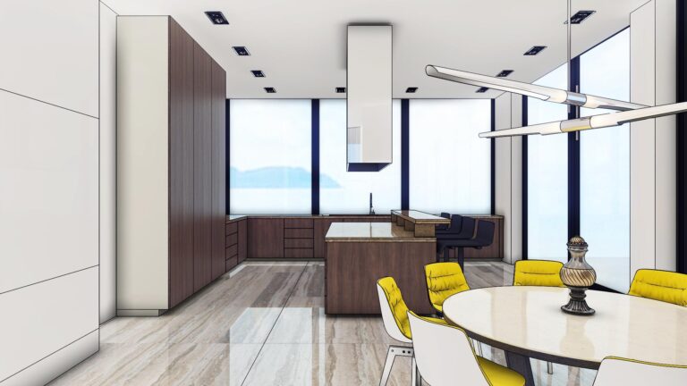 Эскиз кухни с большими панорамными окнами