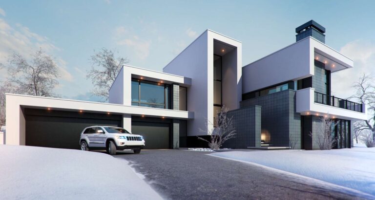 Белая и серая отделка во фронтальном фасаде загородного дома