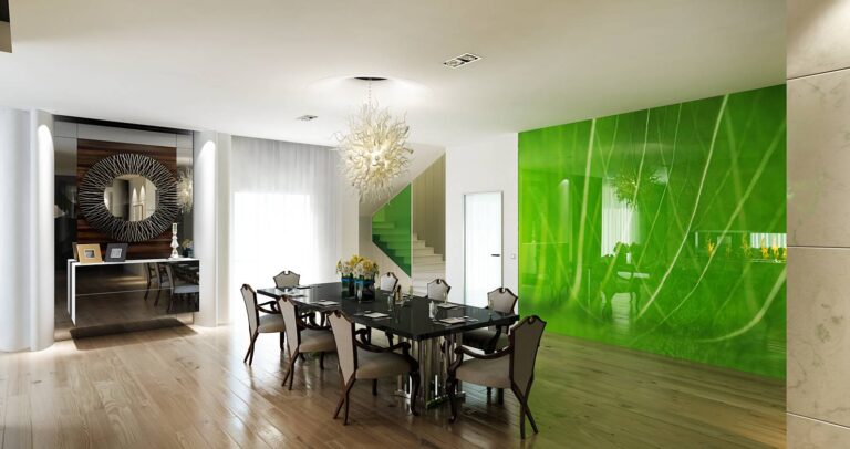 Эффектный дизайн столовой со вставками зеленого стекла