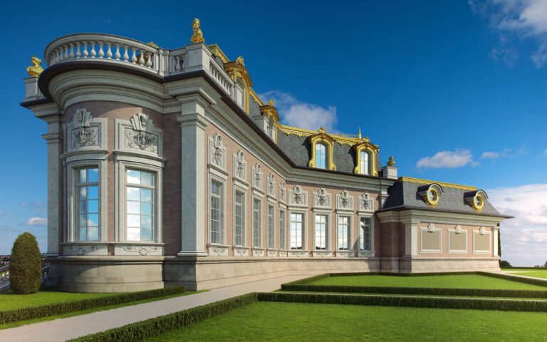 Арочные окна и башенки на правом фасаде замка