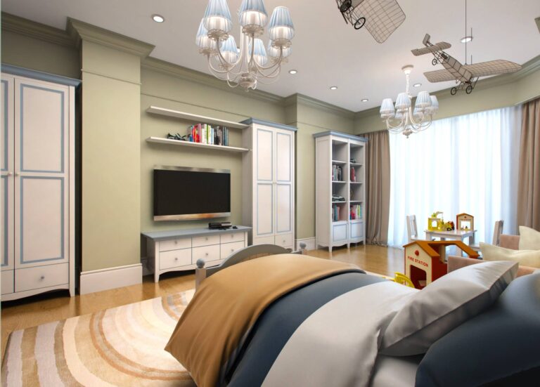 Бело-голубая мебель в классическом интерьере детской