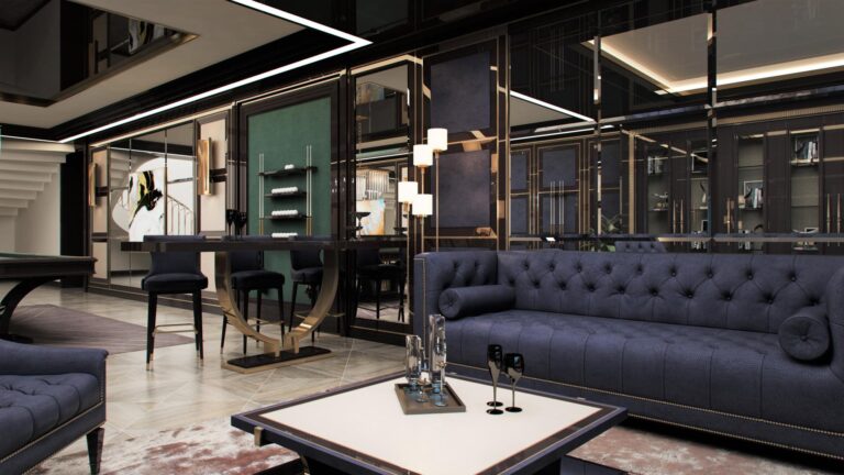 Зеркальные панели в дизайне темной гостиной