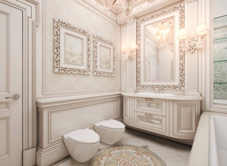 Дизайн ванной с классическим оформлением декора