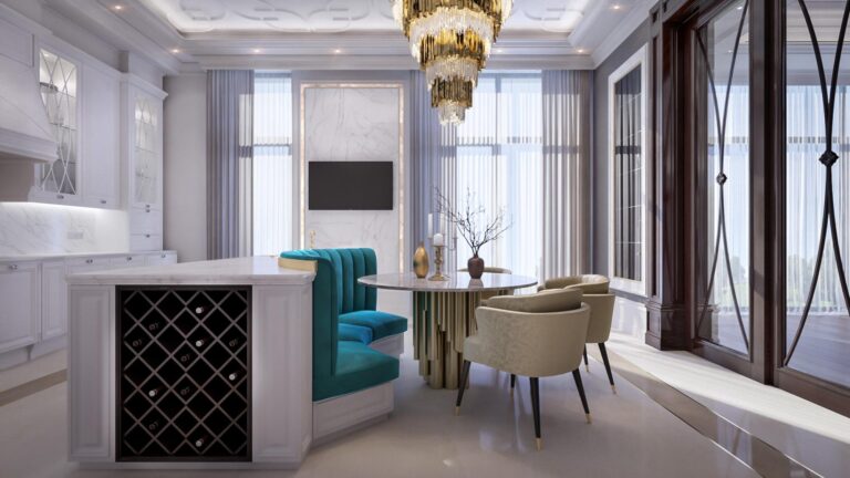 Белая кухня с цветной обеденной зоной