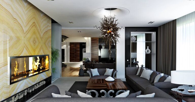 Коричневая мягкая мебель в интерьере гостиной