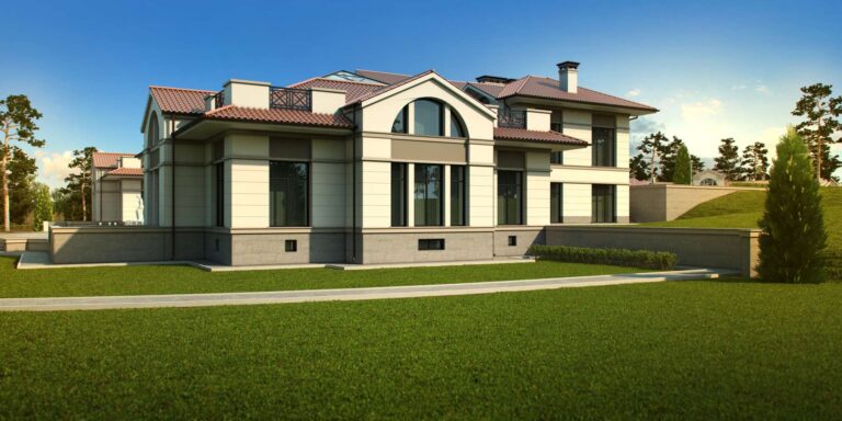 Серая и светлая отделка в левом фасаде загородного дома