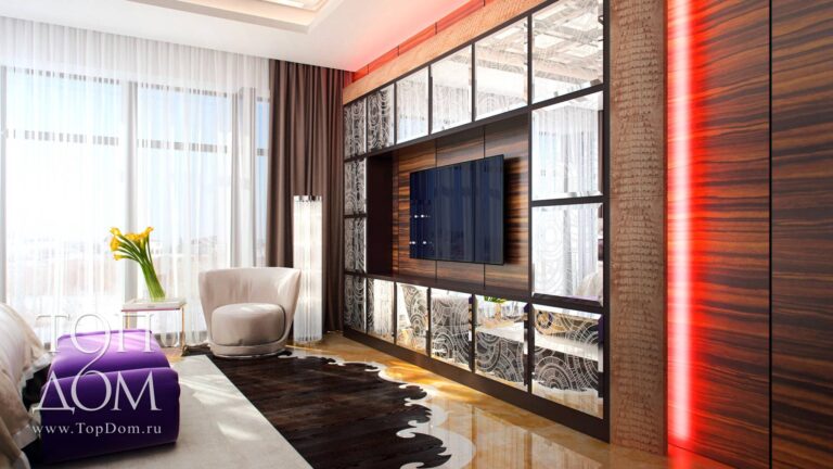 Интерьер спальни с красной подстветкой