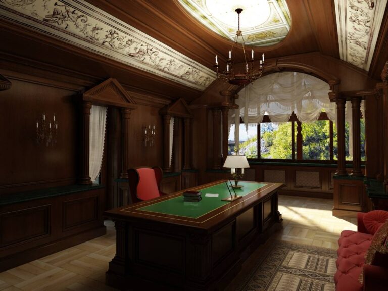 Деревянные панели и резные колонны в интерьере кабинета