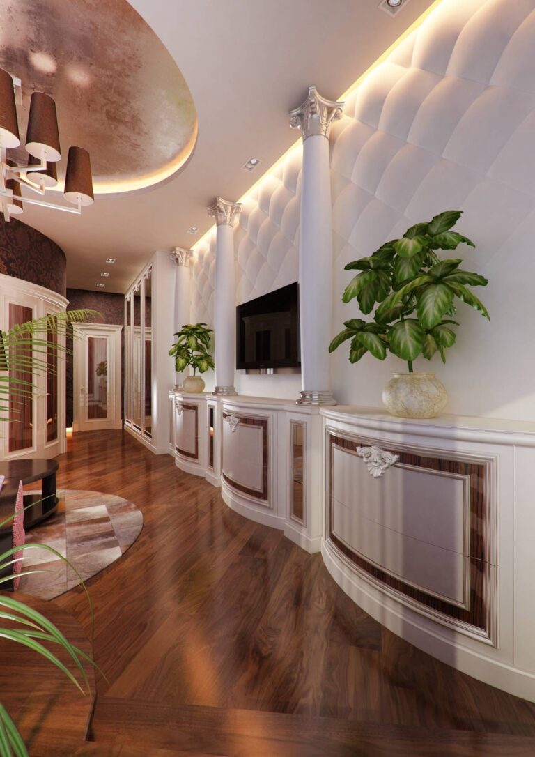 Белые стеновые панели в отделке стен открытой гостиной