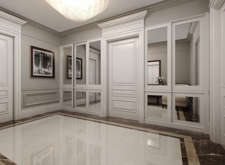 Оформление белого холла с зеркальными вставками