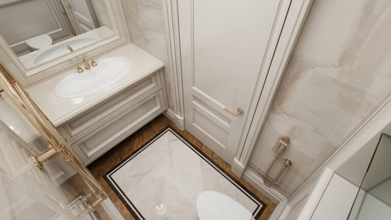 Зеркало и овальная раковина в интерьере компактного санузла