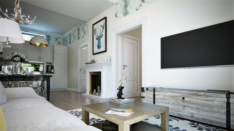 Широкая тумба из состаренной древесины в интерьере светлой гостиной