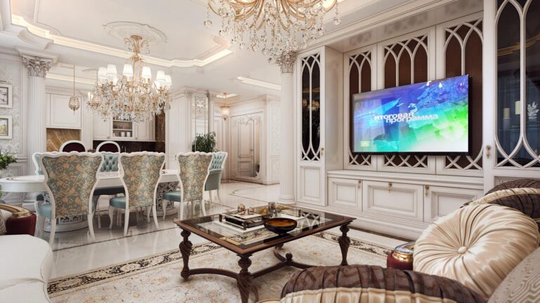 Интерьер гостиной со стеклянным кофейным столиком