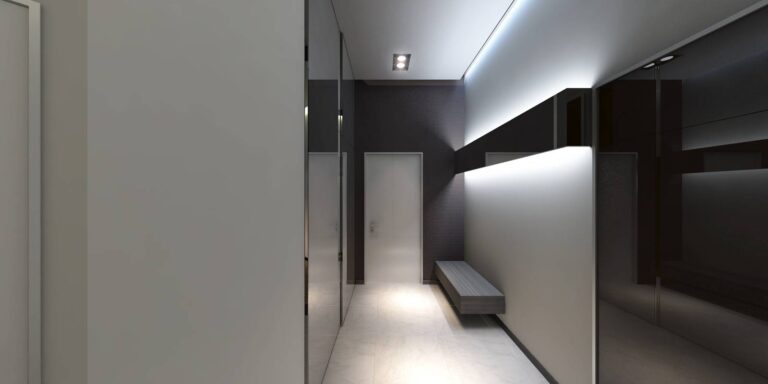 Линейная подсветка стен и потолка в дизайне коридора-прихожей