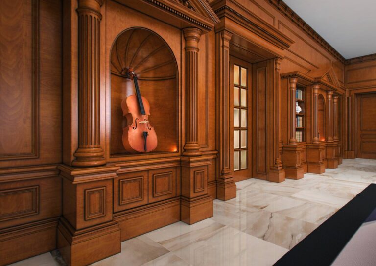 Оригинальный дизайн гостиной с декором в виде скрипок