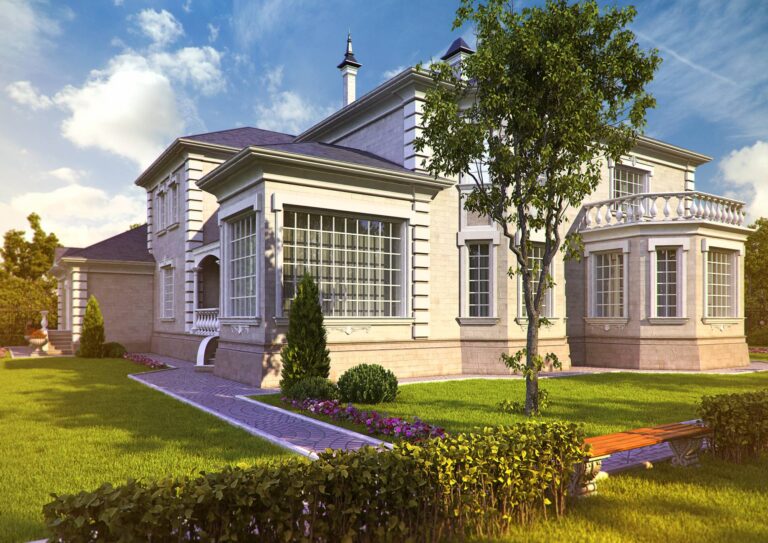 Участок перед правым фасадом особняка из кремовой отделки с балконом и эркерами