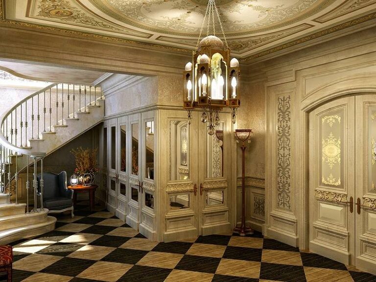 Элегантный интерьер холла с зеркальными вставками шкафов