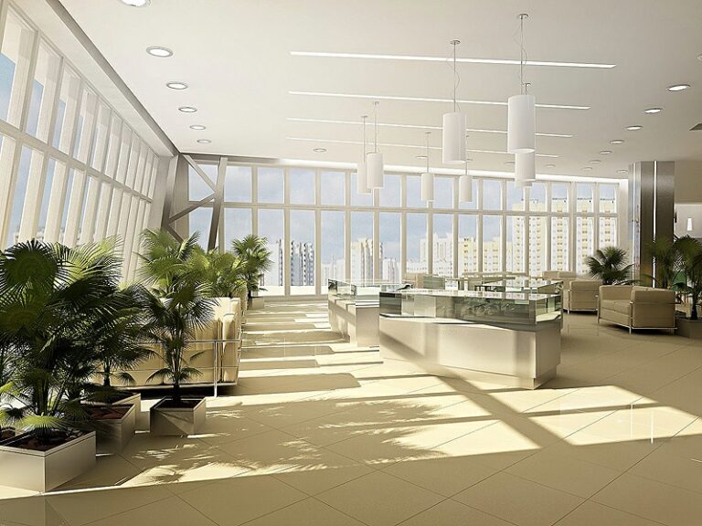 Офисное здание с интерьером вестибюля в светлых цветах