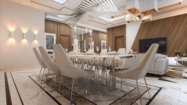 Дизайн столовой с хромированной мебель и люстрой