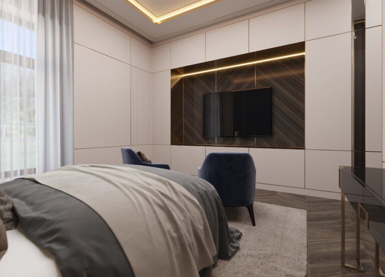 Стены спальни, отделанные панелями