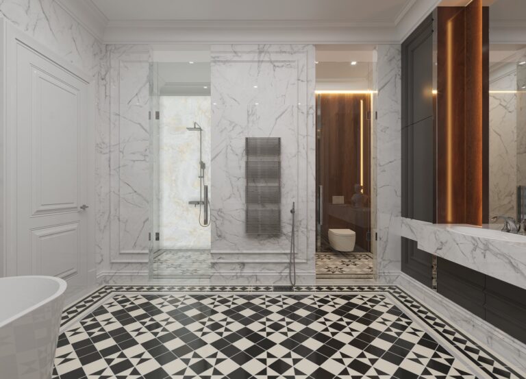 Интерьер ванной с мраморными полами