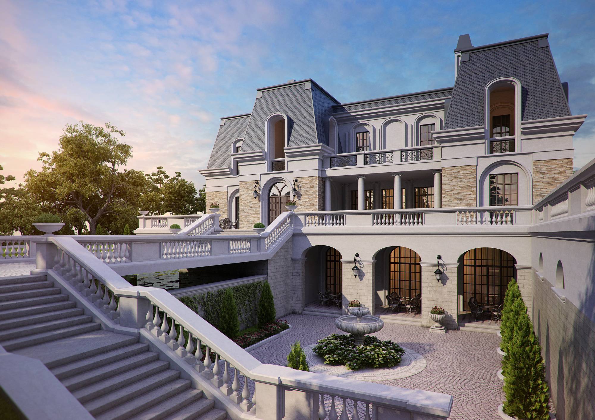 Фасады дома из камня и кирпича