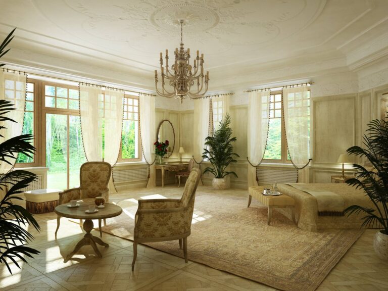 Элегантный дизайн спальни с белыми шторами на окнах