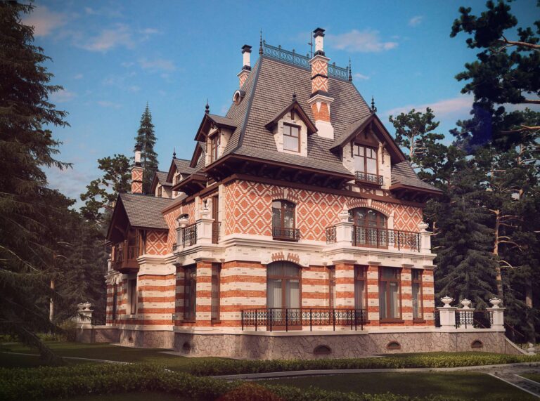 Арочные окна и открытые террасы с коваными балюстрадами на правом фасаде