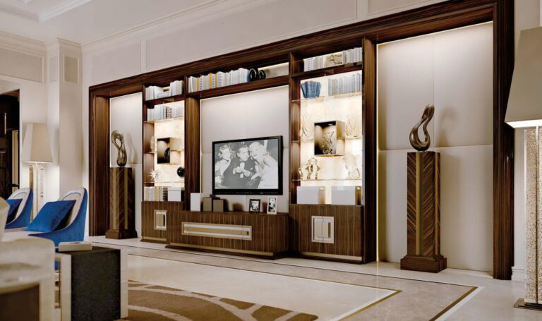 Дизайн гостиной с встроенным в нишу большим шкафом