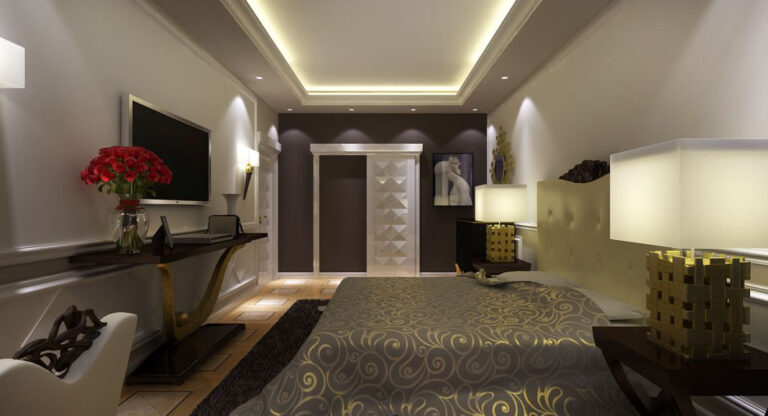 Дизайн спальни в светлых тонах с рельефным узором на дверях и стенах