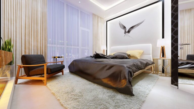 Фото интерьера спальни – белое с черным