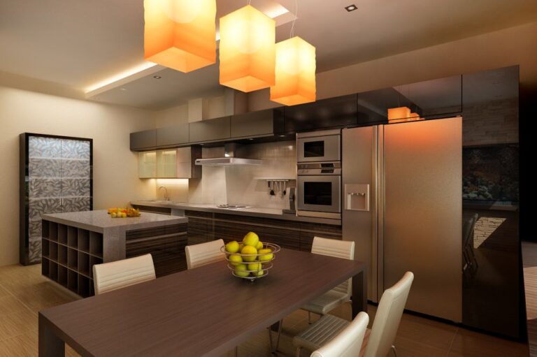 Желтые акценты в современном интерьере кухни и столовой