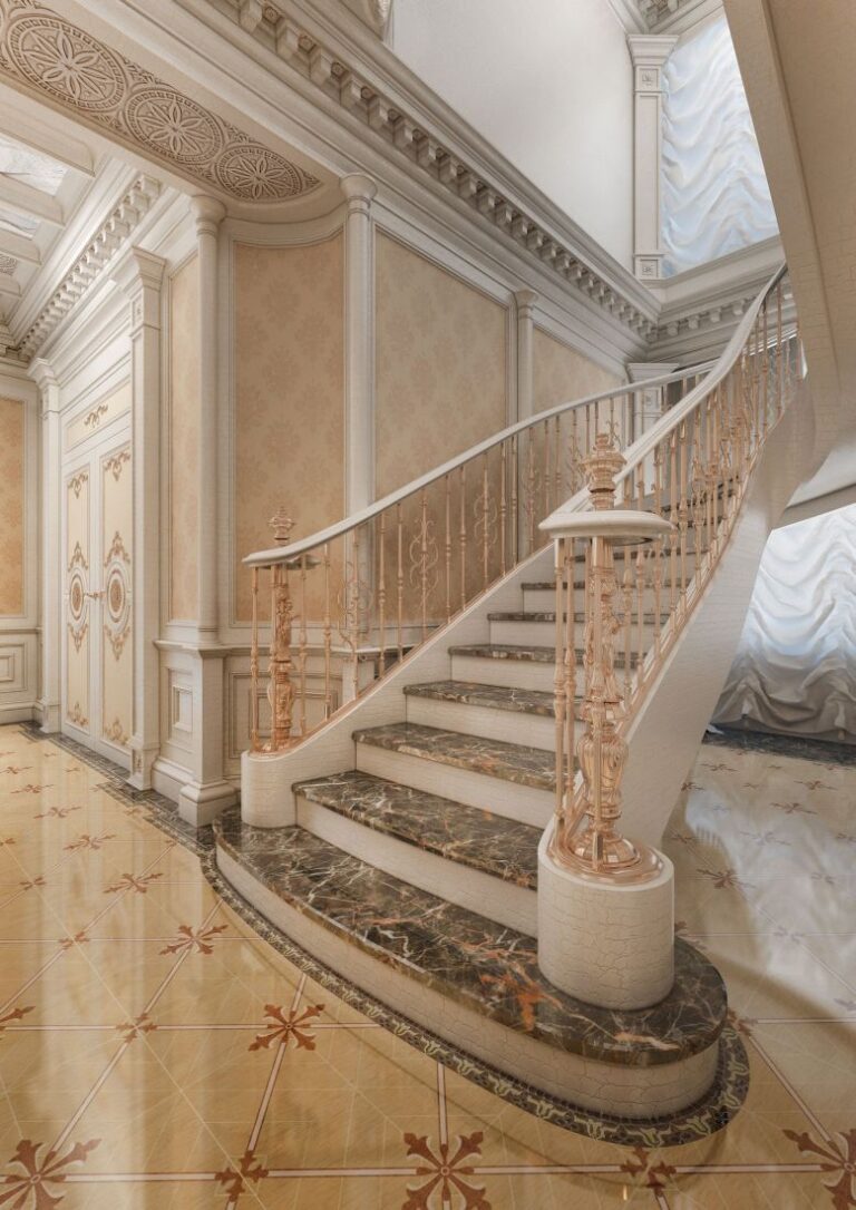 Высокая лестница с золотистыми перилами в интерьере холла